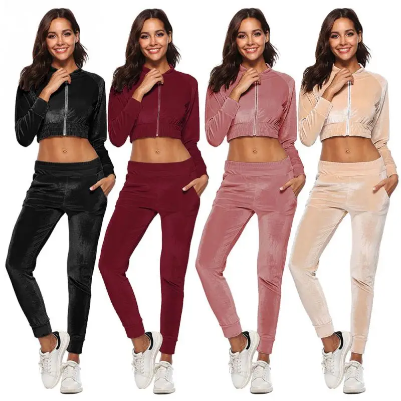 2018 осень Для женщин 2 шт. Бархатный спортивный костюм с длинными рукавами Zipper Crop Top