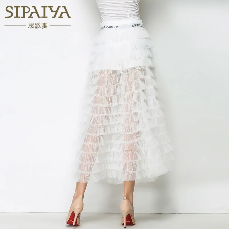 SIPAIYA 2018 новый дизайн Корейская однотонная белая и черная Женская юбка сетчатая