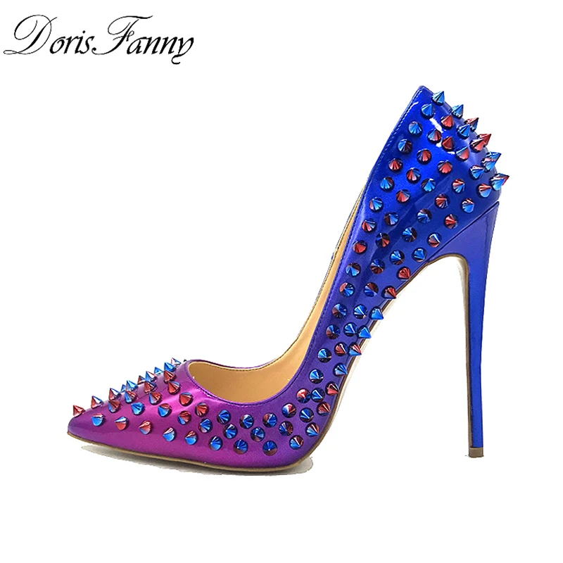 

Doris Fanny women heels shoes rivet studded pumps patchwork pointed toe stiletto sexy high heels pumps 12cm