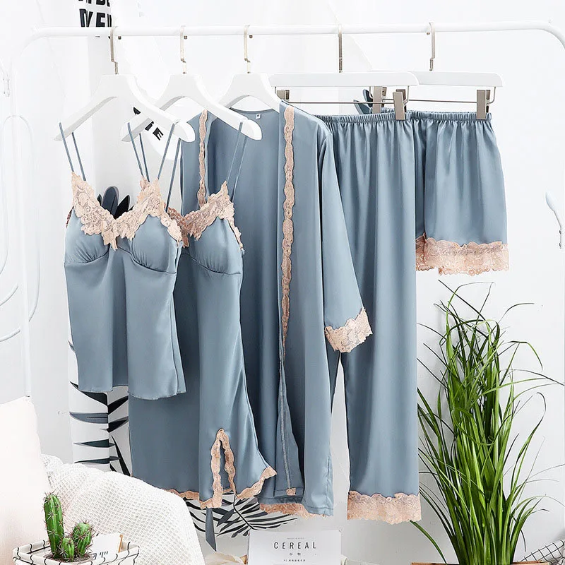 grey and blue Женские пижамы, атласная одежда для сна, 5 шт., пижамный комплект, сексуальные кружевные пижамы для сна, для отдыха, пижама, шелковая Домашняя одежда, костюм с подушечками - Цвет: grey and blue