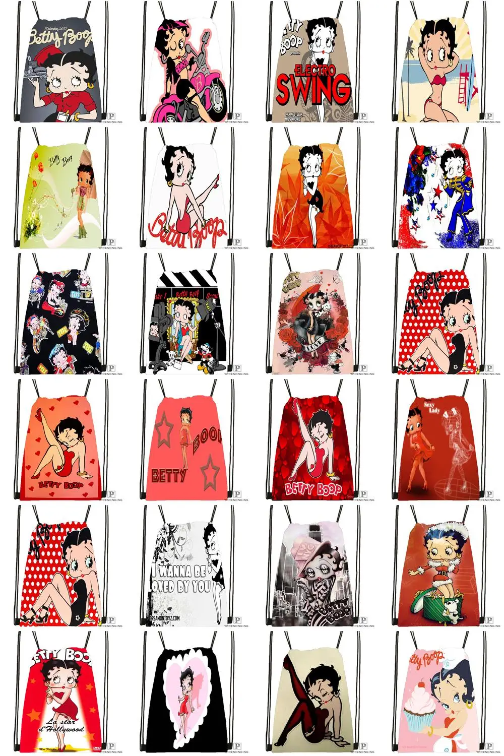 На заказ Betty Boop Drawstring рюкзак сумка милый рюкзак дети ранец(черная спинка) 31x40 см#180531-04-07