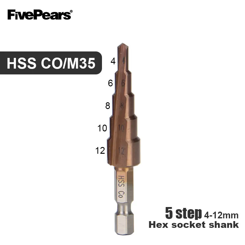 HSS COM35(4-12)5STEP FIVEPEARS сверлильный инструмент отверстие резак высокая скорость Пагода форма Шаг сверло набор дерево металл центр - Цвет: HSS COM35(4-12)5STEP