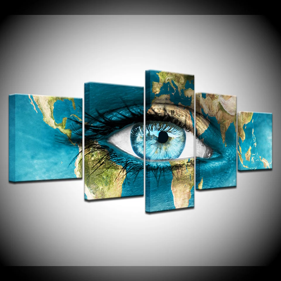 

5 Panel/pieces HD Print A Blue eyes in map colored drawing Print On Canvas Art Painting For home living room decoration