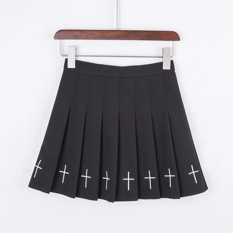S-XL, плиссированная Женская юбка, Harajuku, милая, свежая на ощупь, высокая талия, плиссированная юбка, эластичная талия, юбка с перекрестной вышивкой - Цвет: Черный