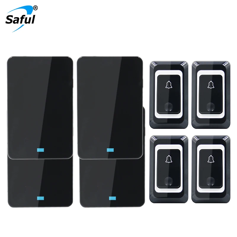 

Saful wireless doorbell 4 waterproof buttons+4 EU plug-in receivers 110db 28 chimes for home door ring button sonnette sans fil