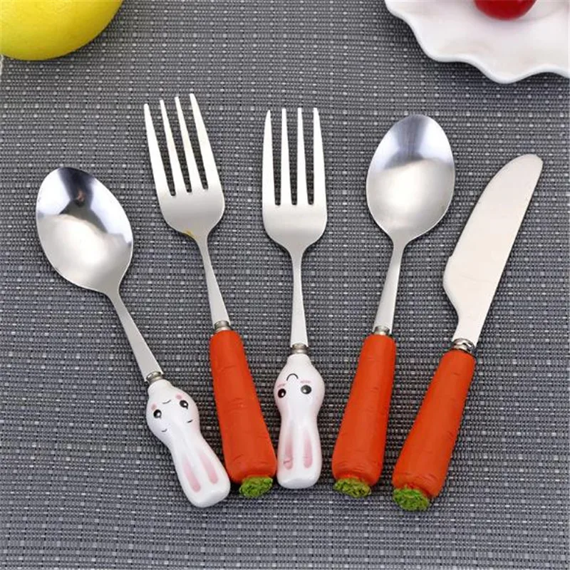 

Baby Stainless Steel Spoon Knife Fork Cute Cartoon Western Food Tablewares Infant Food Feeding Tableware Dinnerware