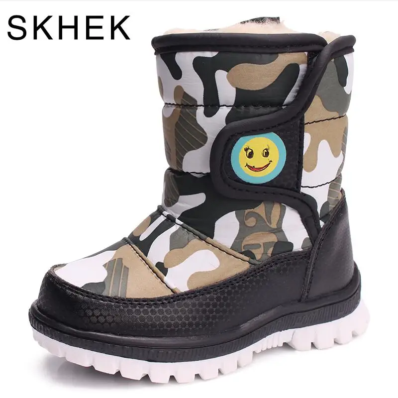SKHEK Девушки Мальчик Сапоги Для Детей Снег Botas Зима Теплая плюшевые Детские Загрузки Водонепроницаемый Мягкое Дно нескользящей Кожаные Пинетки Дети обувь сапоги резиновые ботинки обувь для девочек - Цвет: Черный