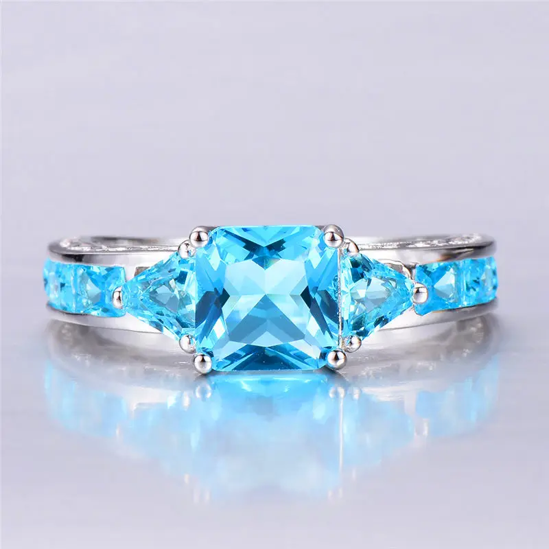 Женское кольцо с синим топазом винтажное квадратное для помолвки из
