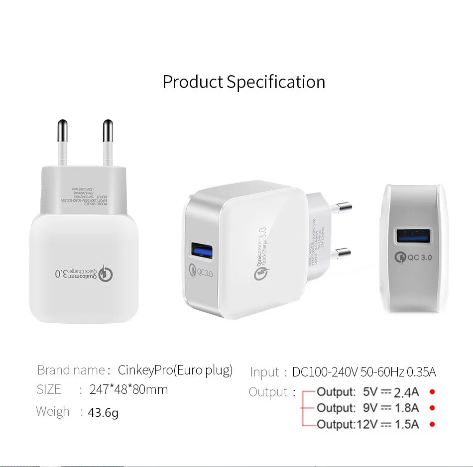 

Quick Charge 3.0 USB Wall Charger For Samsung Galaxy S8 / S8+ / Note8, LG G6 / V30, HTC 10, iPhone Xs/XS Max/XR Fast Charing
