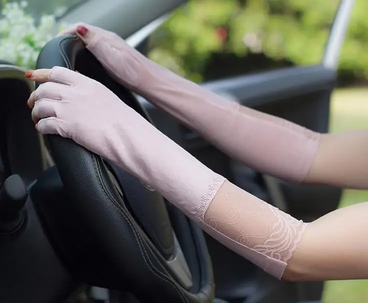 

Women's spring summer lace patchwork long cotton driving glove girls summer sunscreen fingerless non-slip long glove R713
