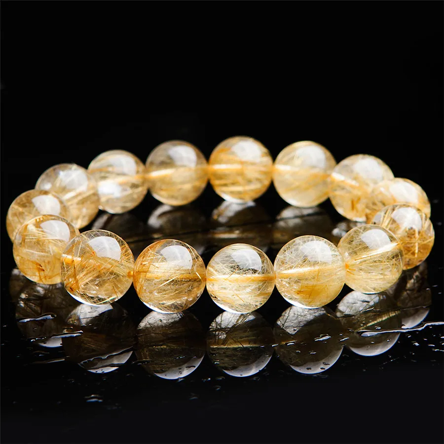 15мм подлинных природных титана желтого золота Rutilated Кварцевый Круглый бисера
