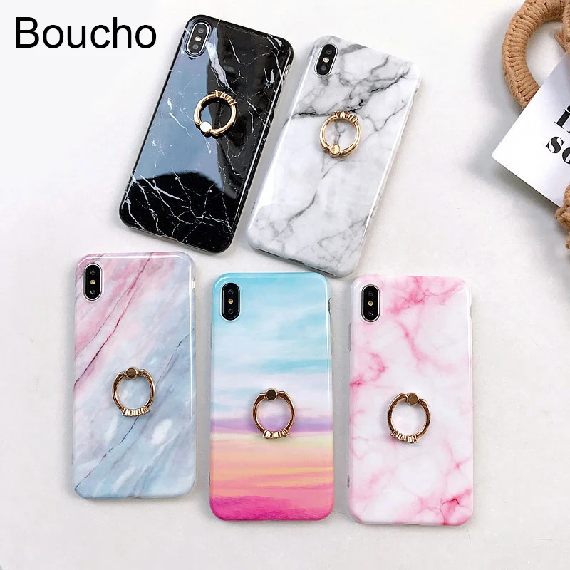 Роскошный Бриллиантовый чехол Boucho с кольцом подставкой для iPhone X XS MAX XR мраморный 6