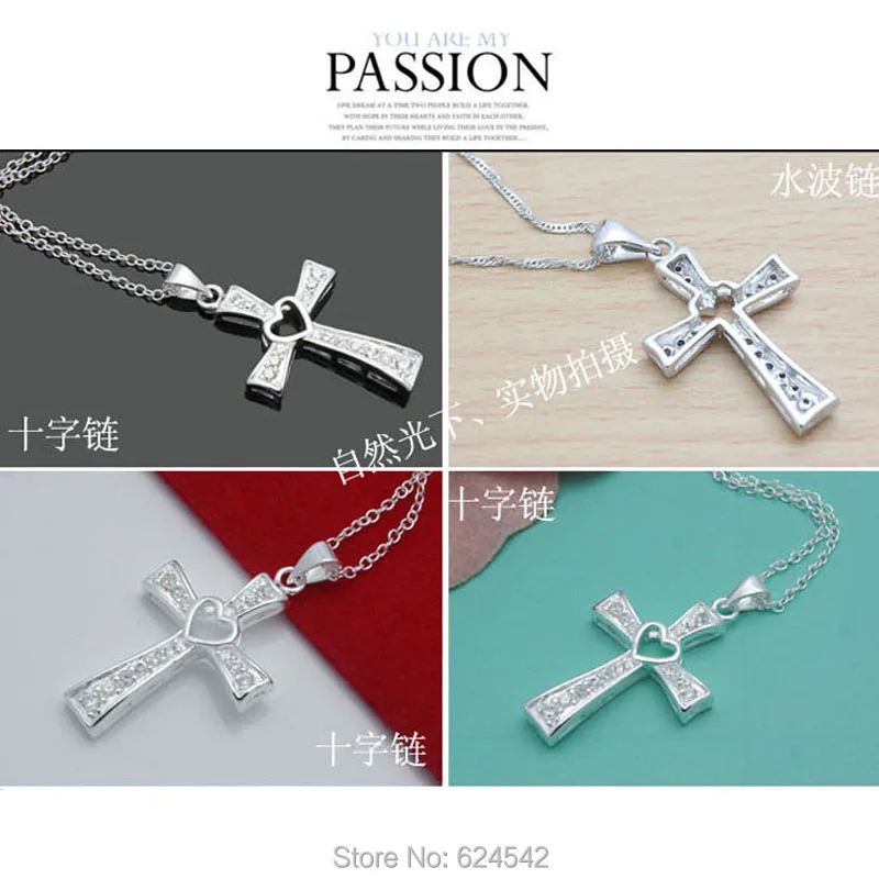 Твердые 925 Серебро CZ кулон крест с сердцем ожерелье для женщин|heart cross pendant|necklace silver
