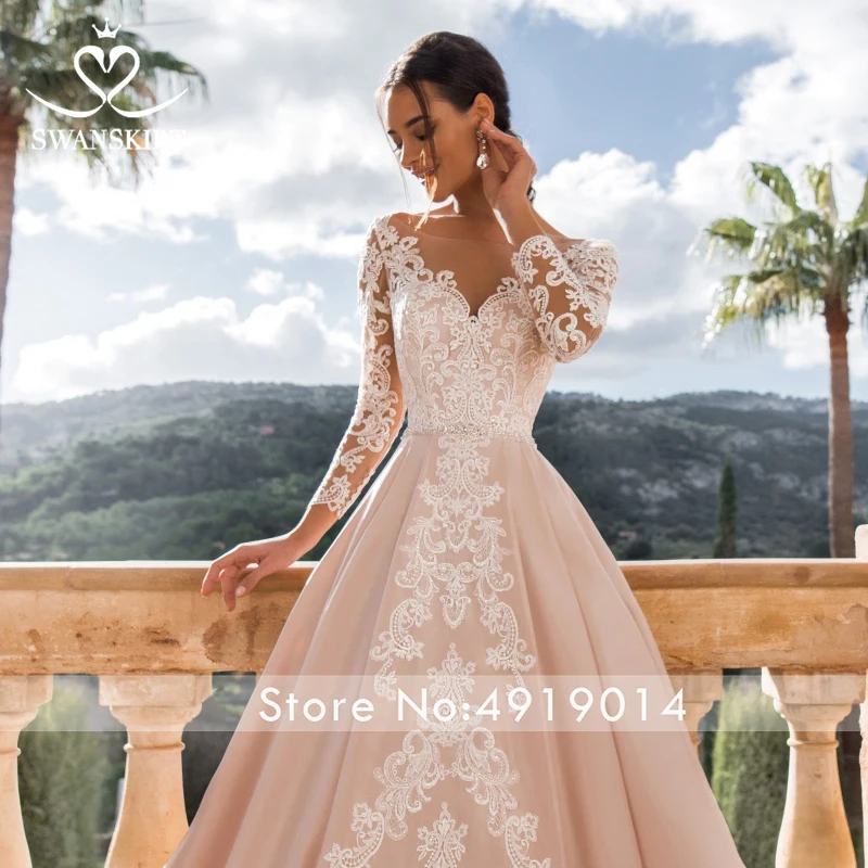 Appliques Satin Wedding Dress Swanskirt K163 Long Sleeves Crystal A-Line Vintage Beaded Bride Gown Backless Vestido de Noiva