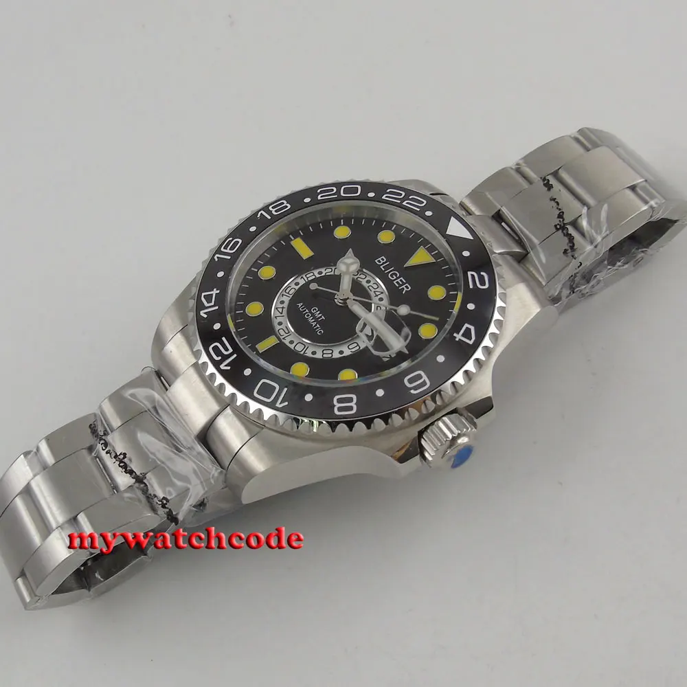 43mm bliger black dial ceramic bezel GMT sapphire glass automatic mens watch 208 | Наручные часы