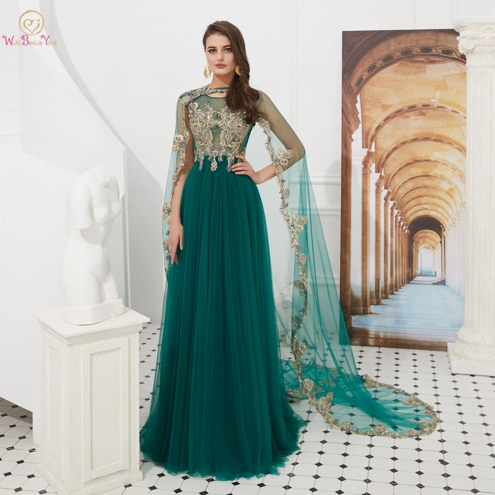 

Evening Dresses Abendkleider 2020 Prom Gowns for Women Long Hunter Green with Cape Tulle Illusion Gold Lace Appliques Beading