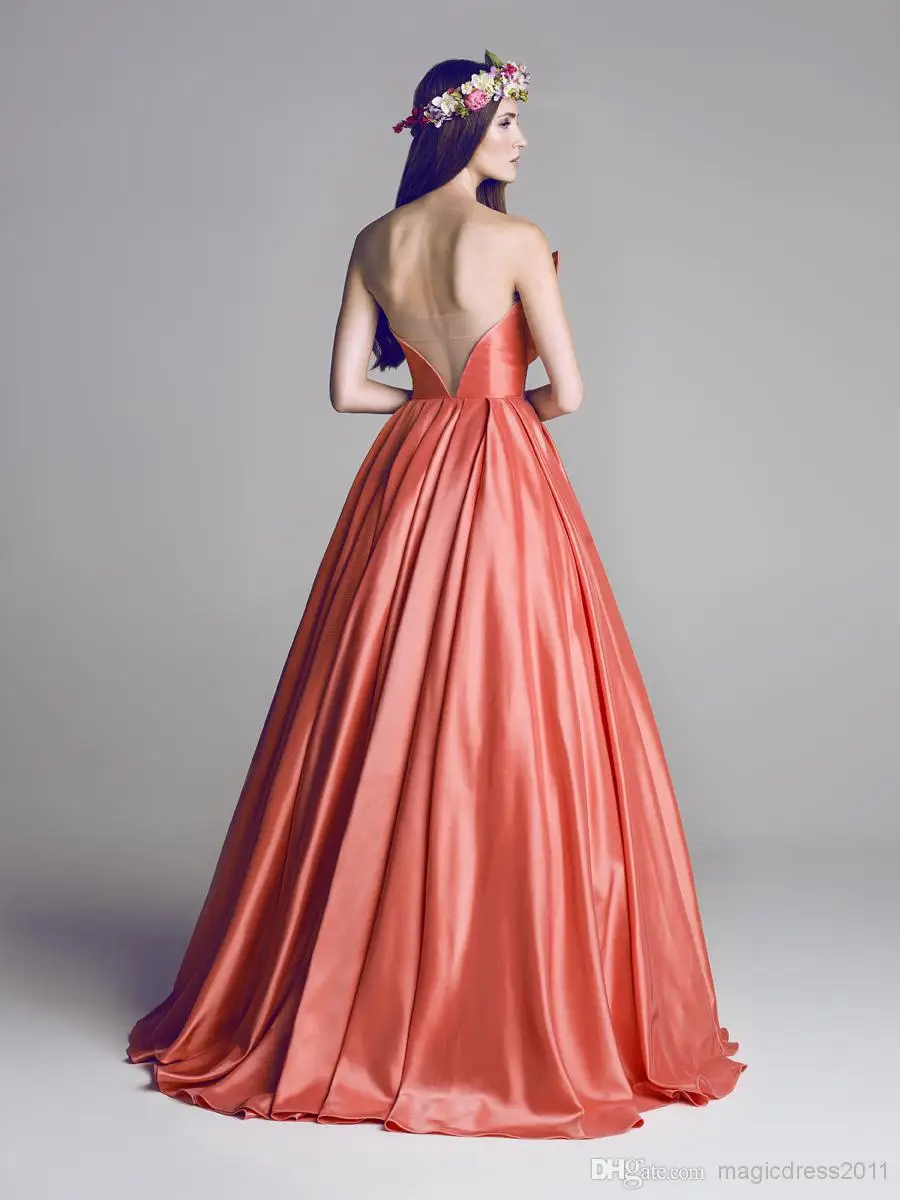 2015 Elegant Long Evening Dress Pink Satin Applique A Line Court Train Sweetheart Backless Dresses Prom Party Gowns | Свадьбы и