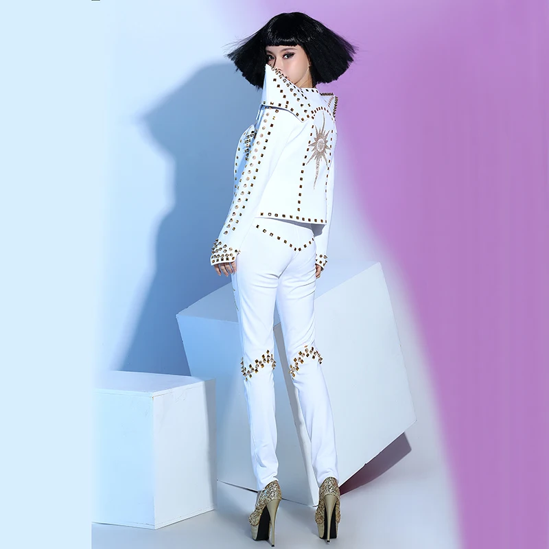 Female singer dj white punk rivet ds costume piece set stage clothes | Modern Dance