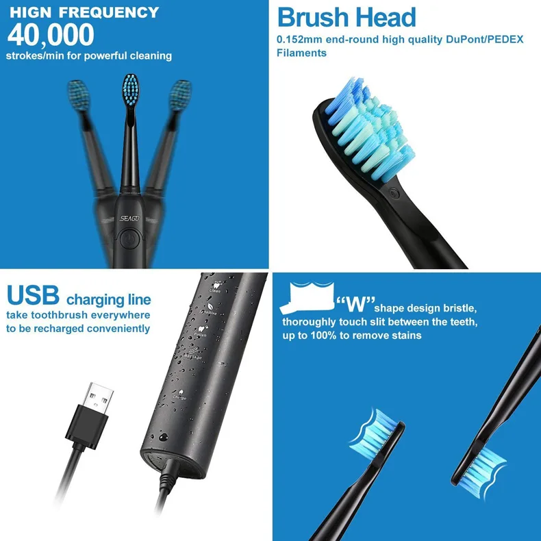 Seago SG-507, звуковая электрическая зубная щетка для взрослых, уход за полостью рта, отбеливание зубов, массажная резинка, 5 режимов, водонепроницаемая перезаряжаемая зубная щетка