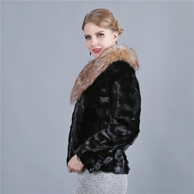 New Genuine Mink Fur Coat Real Red Fox Fur Collar Women Fashion Winter Warm Natural Mink Fur Coat Female Luxury Outwear Jacket