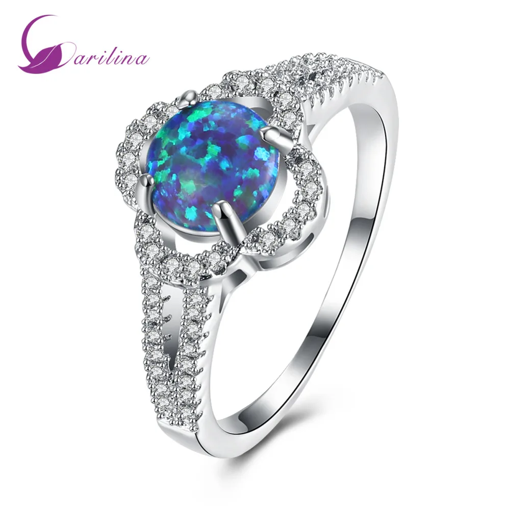 

New Arrival Silver Color Blue Fire Opal Ring With AAA Cubic Zirconia Flower Gift Wedding Ring For Women Lady R2093