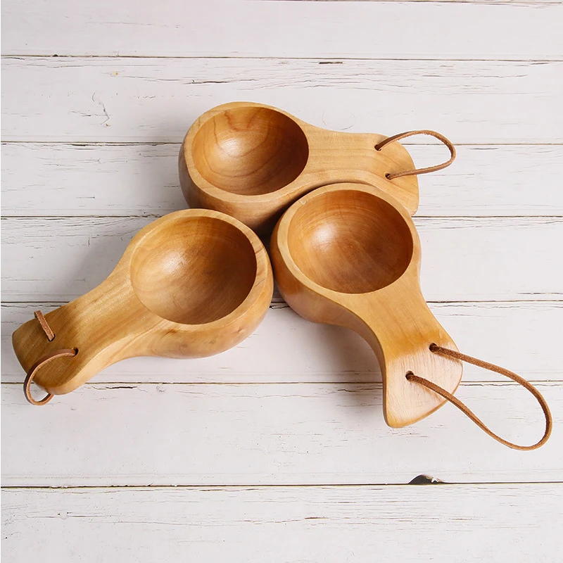 Finland Coffee Cup Wooden Kuksa Cup Wooden Mug Travel Tea Milk Cup with Portable Handle