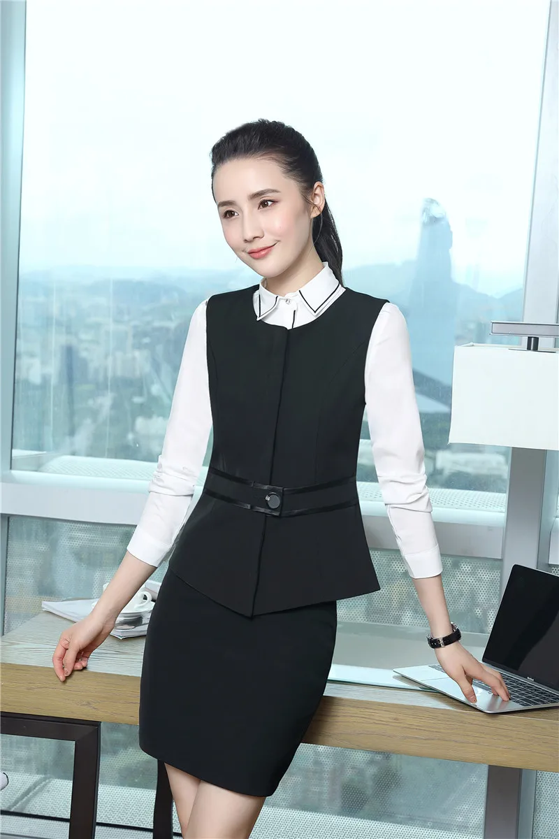 Темно-синий формальный OL Стиль 3 шт наборы с жилетом пальто и юбка блузка для