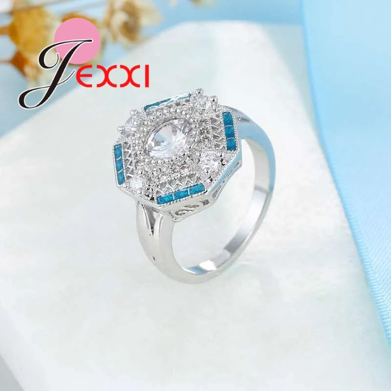 

Trendy Blue & White Cubic Zirconia Hexagon Design Rings for Women 925 Sterling Silver Finger Wedding Jewelry