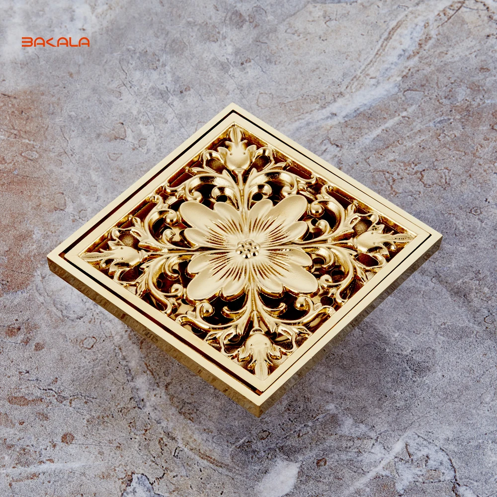 

BAKALA Luxury Bathroom Golden Floor washer Drain Cover Engraving Floor Drains stoppers drainer strainer gold finish 4 inch 8806