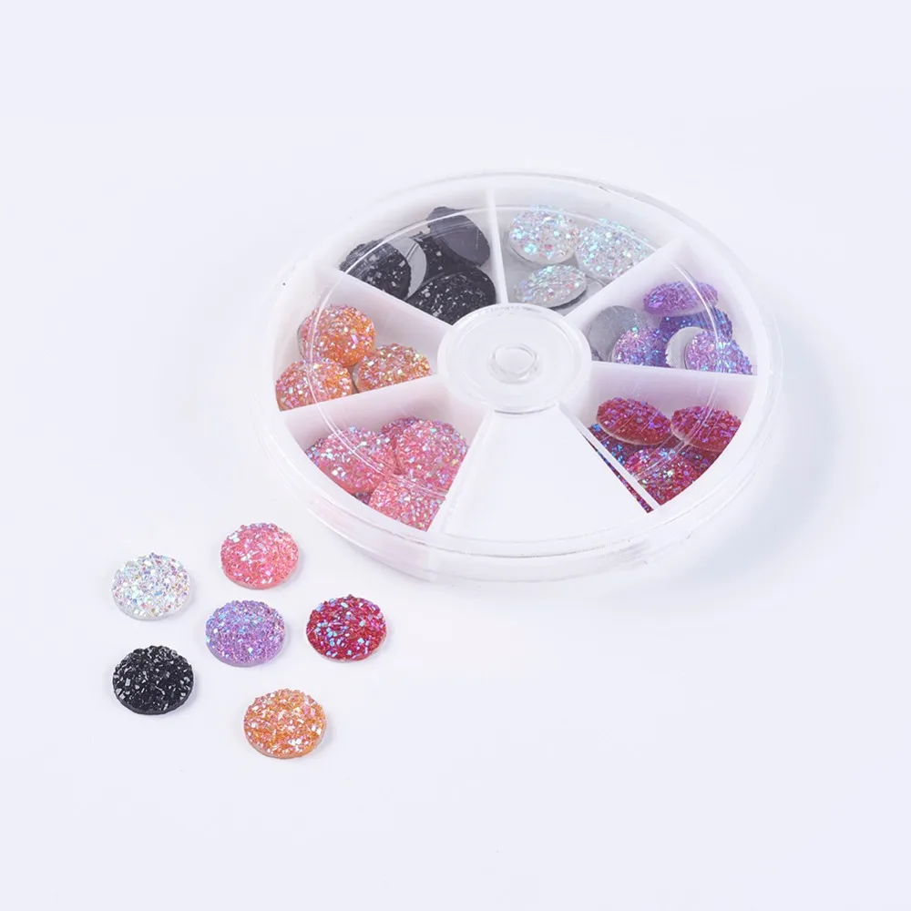 

Кабошоны из смолы, имитация Druzy агата, Плоские Круглые, AB цвет покрытием, смешанный цвет, 12x3 мм; около 7 шт/отсек, 42 ⑤ кор.