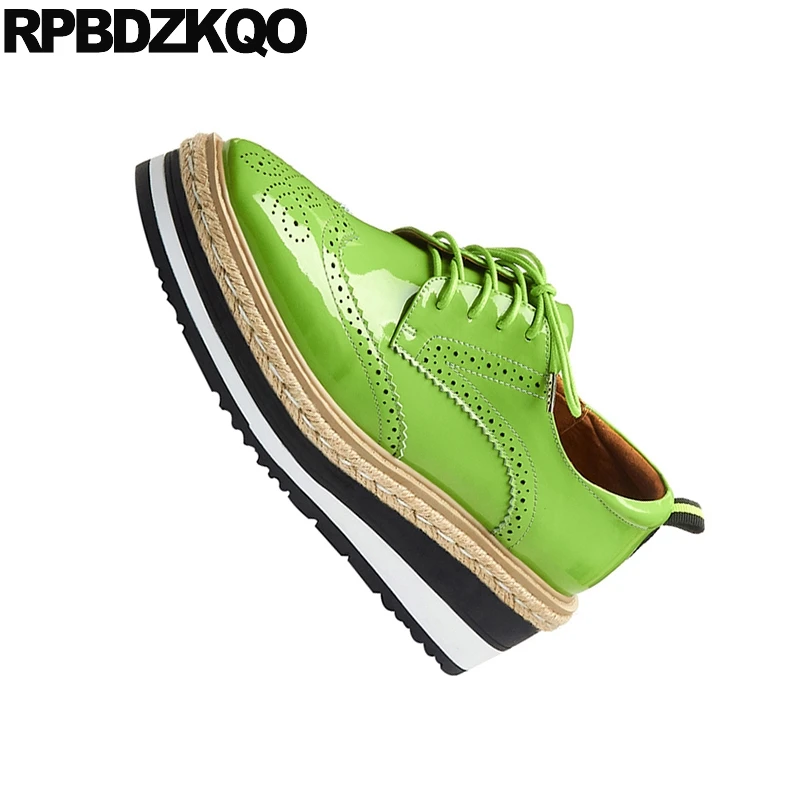Creepers Дизайнерская обувь для женщин Роскошные веревка платформа повседневное полуботинки из лакированной кожи клиновидная конопли квадратный носок зеленый