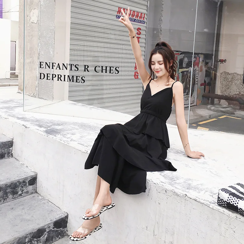 Женское длинное платье с V образным вырезом черное или белое широкой юбкой лето