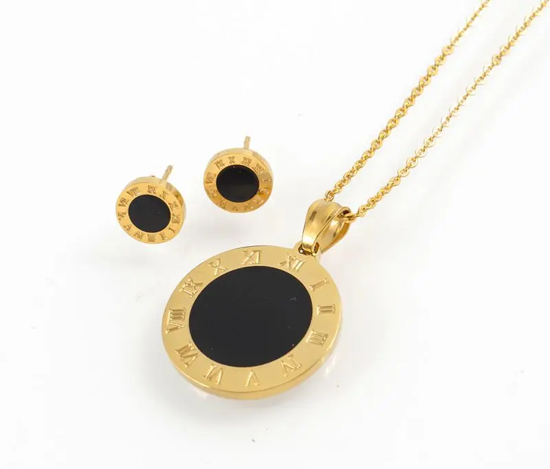 Позолоченные ювелирные изделия из нержавеющей стали, женские серьги и ожерелье с римскими цифрами, набор женских ювелирных изделий, круглый дизайн черного диска