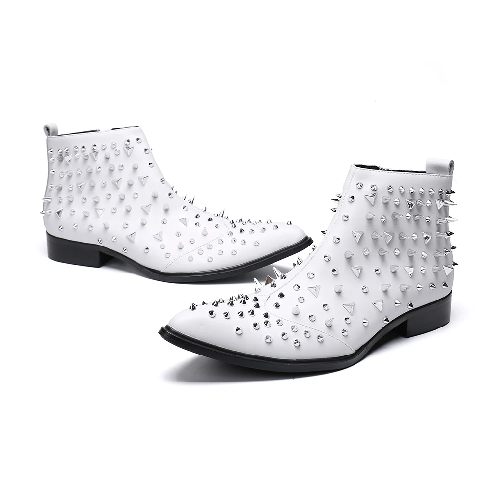 

Christia Bella Fashion Man Rivet Zip Boots Italian Designer Real Leather British Style Boots Formal Prom Pointed Toe Short Boots