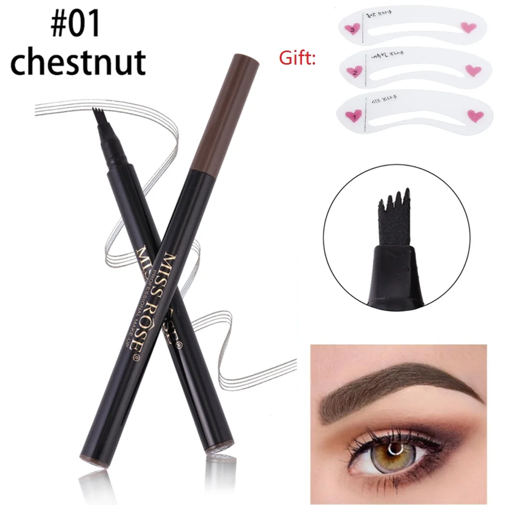 01 Chestnut MISS ROSE, 4 головки, водонепроницаемый, вилка, кончик, микроблейдинг, жидкая, для бровей, тату, ручка, оттенок, тонкий эскиз, Maquiagem, карандаш, Sourcil TSLM1 - Цвет: 01 Chestnut