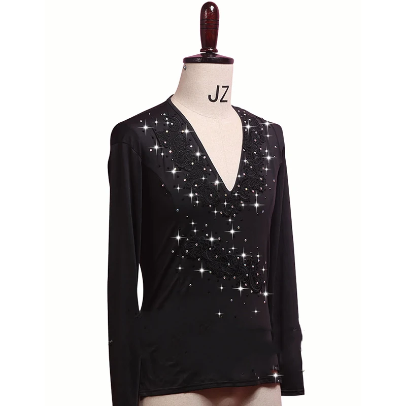 Latin Dance Shirts Men Long Sleeve V Neck Tops Embroidered Shiny Rhinestones Dancing Male Competition Show Wear DN3532 | Тематическая