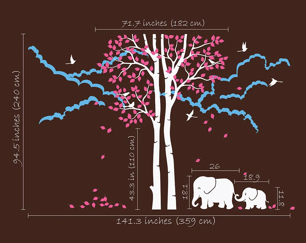 Огромное дерево Осеннее Падающие листья с милой Семья слонов и облако росписи