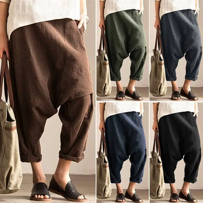 Casual Drop-Crotch Trousers Womens Pants Autumn ZANZEA Vintage Elastic Waist Harem Pant Female Long Pantalon Palazzo 5XL