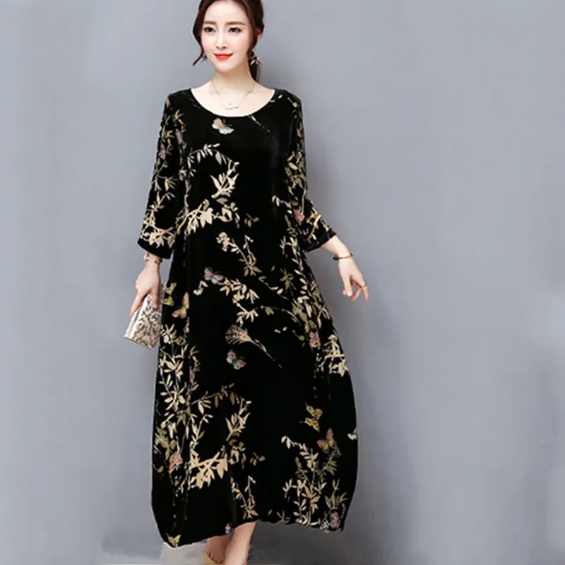 

Large size Gold velvet flower print dress Women 2020 Spring autumn New Elegant Vintage middle-aged mother dress aa669