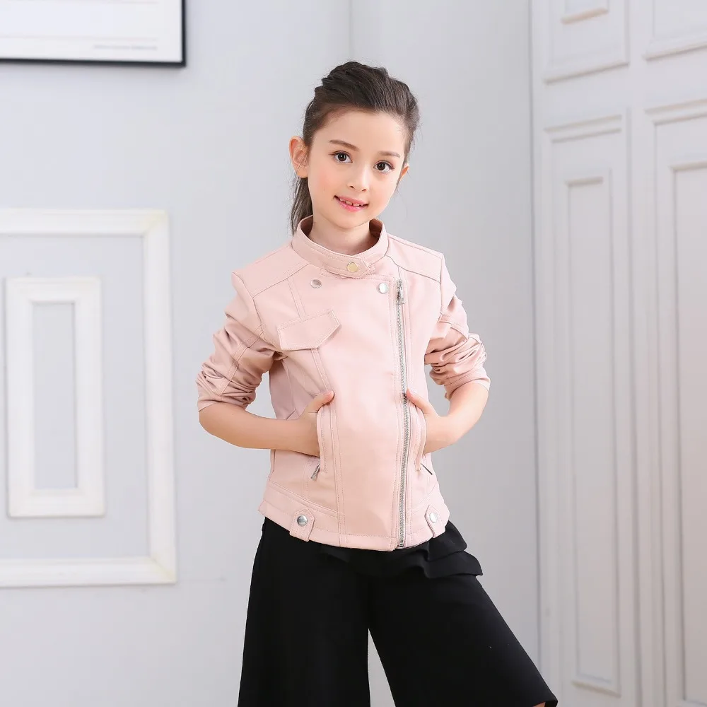 2018 Teenage Girls Pink faux leather jacket children's PU clothing Top for 3-10yrs kids zipper motorcycle outerwear red black | Детская