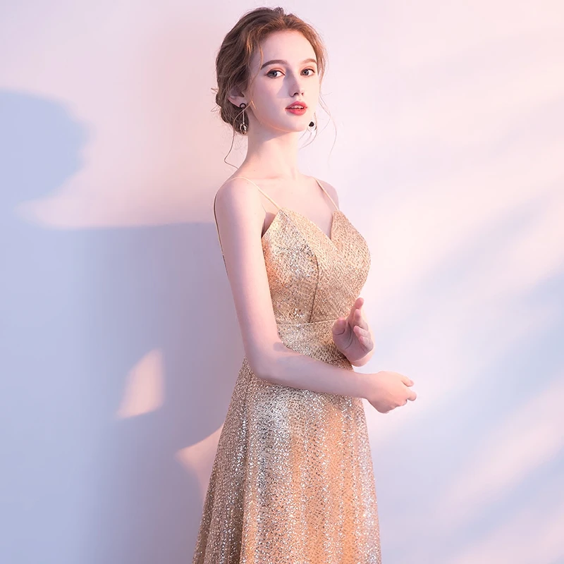 He's Bride Gold New Elegant Evening Dresses V-neck Sleeveless Floor-Length Backless Lace Sexy Prom Party Gown Robe De Soiree | Свадьбы и
