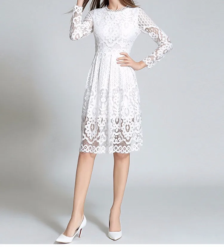 Autumn high quality white lace crochet party casual women's clothing | Женская одежда