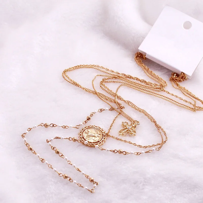 Cross Figure 3 Layers Choker Necklace For Women Girl Gold Link Chain Pendant Necklaces Crystal Pearl Beads Chokers Jewelry N188 | Украшения