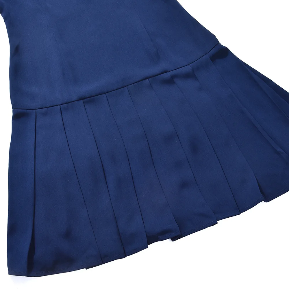 Женские винтажные синий плиссированное платье с коротким рукавом Круглая