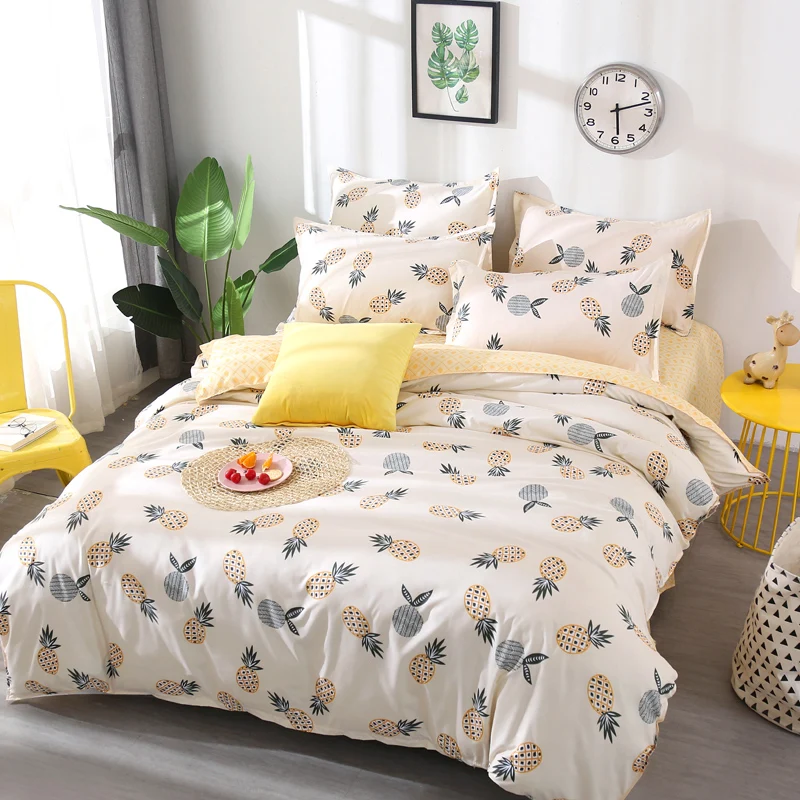 

Fruit pineapple Bedding Set Quilt Cover queen full King Size children cartoon duvet cover Set yellow and white Bedclothes 4pcs