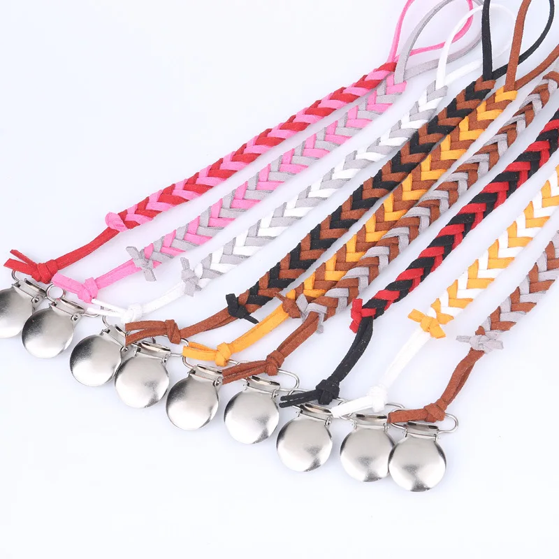 

Hot Mixed Leather Braided Baby Pacifier Clip Chain Wooden Holder Chupetas Soother Pacifier Clips Leash Strap Nipple Holder
