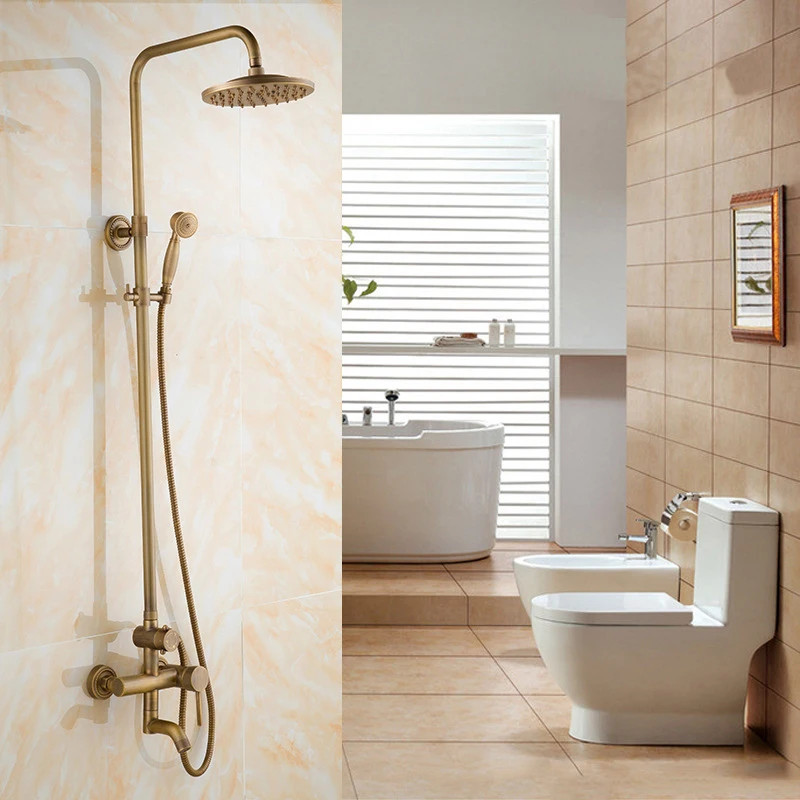 

Shower Faucets Antique Brass Shower Set Faucet Tub Mixer Tap Handheld Shower Wall Mounted Rainfall Bath Crane Shower