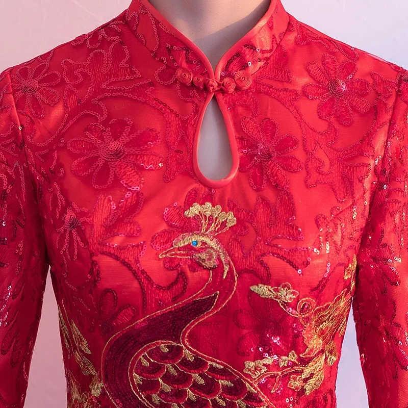 Красное мини-платье невесты Cheongsam Восточное женское свадебное платье с коротким