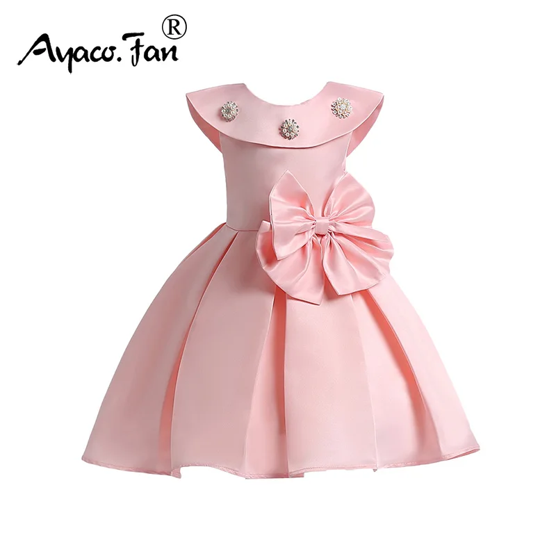 

Baby Girls Dress 2019 New Cute Bow Beading Solid Backless Pleated Princess Dresses for Kids Children Party Dress with Ribbons