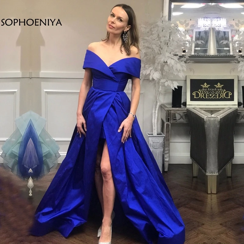 

New Arrival Off the shoulder Royal Blue Long evening dresses V Neck Sexy Slit side Simple Formal dress abiye robe de soiree
